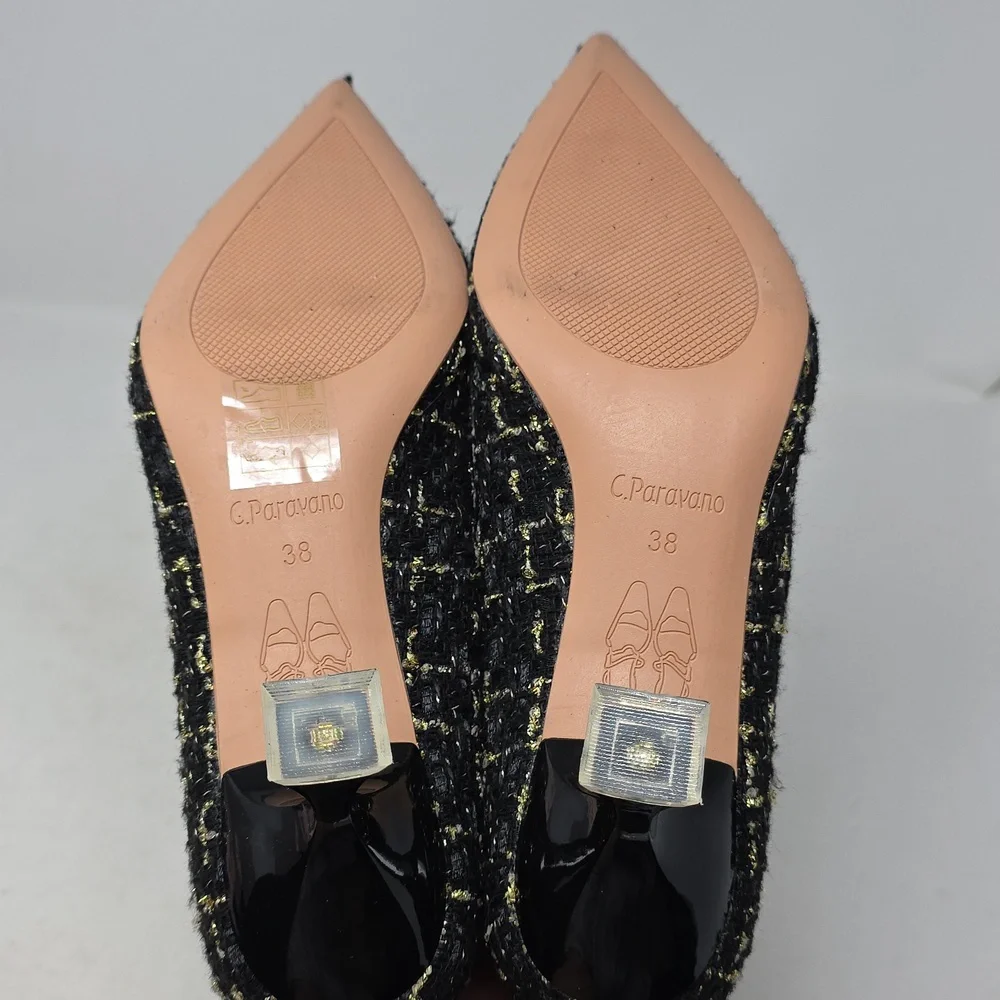 C. Paravano Pointy Toe Kitten Heel Elegant Black and Gold Tweed Heelssize 38
